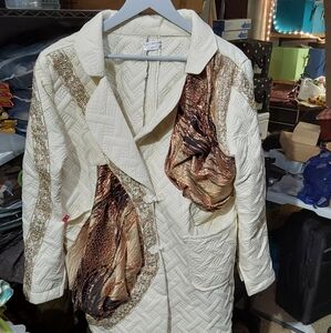 - Lightweight beige and copper brocade part upcycled .mid thigh length